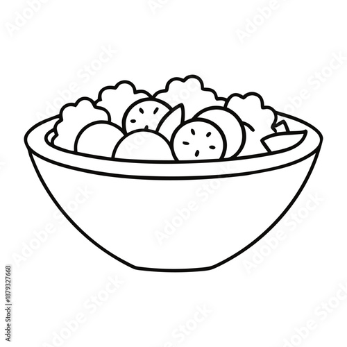 A fun coloring page of a fresh salad in a bowl, filled with crisp veggies, leafy greens, and colorful toppings, ready for creative coloring and tasty imagination.
