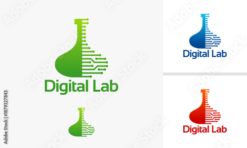 Digital Lab Logo Concept with Flask and Circuit Board Elements.