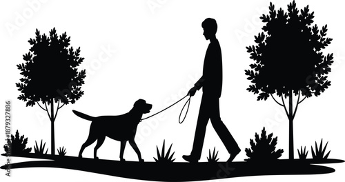 Man Walking Dog Silhouette Illustration Featuring Peaceful Park Scene with Trees, Leashed Pet прогулка, Outdoor Lifestyle and Minimal Black Nature Design Vector