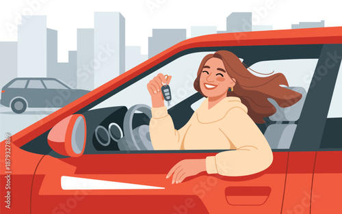 Woman holding car key while sitting in the driver's seat of a red vehicle