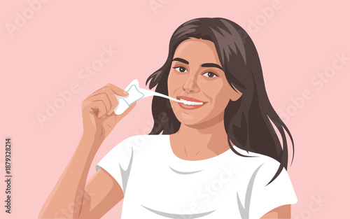A young woman with long dark hair brushing her teeth with a toothbrush from a close-up view
