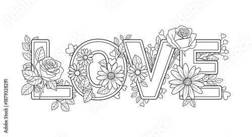 Intricate floral design spelling out the word love with beautiful blossoms and a delicate silhouette