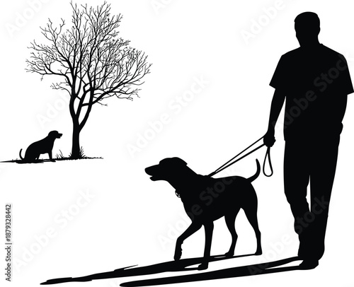 Man Walking Dog Silhouette Illustration Featuring Pet Owner Outdoor Stroll with Tree and Cat, Minimal Black Nature Scene and Calm Lifestyle Design Vector