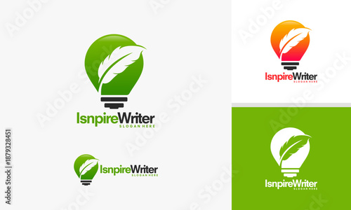 Inspire Writer Logo Design Featuring a Lightbulb with a Feather and Leaf.