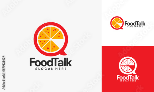 FoodTalk Logo Design Featuring Pizza Slice and Speech Bubble.
