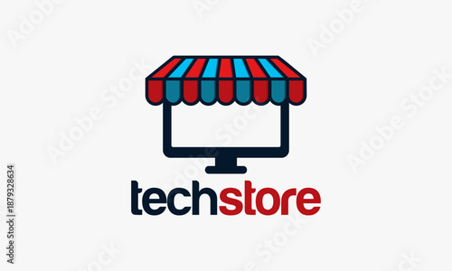 Tech Store Logo Design Featuring a Computer Monitor Under a Striped Awning.