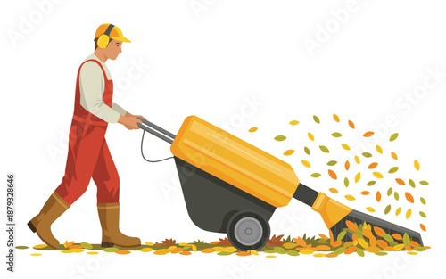 Man in orange overalls using a leaf blower to clear autumn leaves from the ground