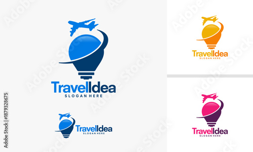 Creative Travel Idea Lightbulb Logo Design with Airplane.