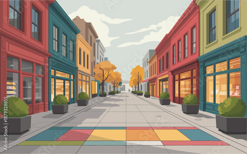 Vibrant city street with colorful buildings, trees, and sidewalk art in a lively urban environment viewed from the center.