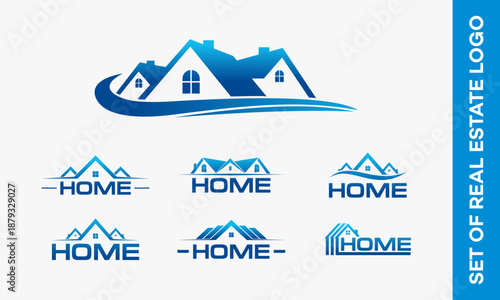 Set of Real Estate Logos with Houses and Home Text.
