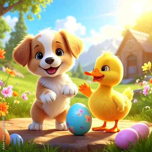 A digital illustration of a dog and a duck standing next to an Easter egg on a stone path in a garden