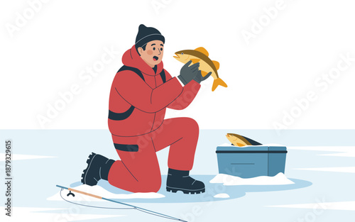 Man kneeling on frozen lake holding fish near icy container, winter scene from a slightly elevated viewpoint