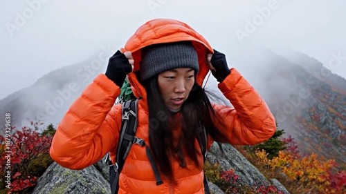 Wallpaper Mural A person adjusts their orange puffer jacket and grey beanie on a foggy, rocky mountain peak Torontodigital.ca