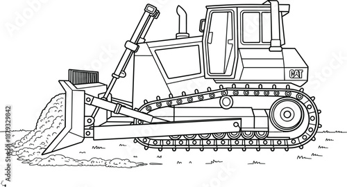 Bulldozer Line Illustration Featuring Heavy Construction Equipment, Tracked Earthmoving Machine, Industrial Engineering Vehicle and Detailed Machinery Design Vector