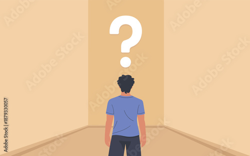 Man standing in a corridor with a large question mark above his head, viewed from behind.