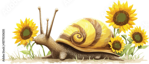 A macro closeup of a brown garden snail with slimy antennae crawling slowly on a sunflower leaf next to a bee in nature