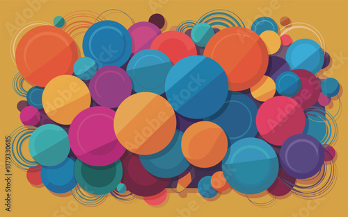 Vibrant colorful circles overlapping in a lively graphic illustration on a bright yellow background from a direct viewpoint