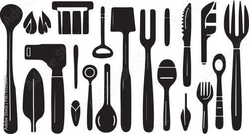 Vector illustration of a silver kitchen utensil collection featuring a set of cutlery and knives with fork and spoon icons for restaurant food equipment design