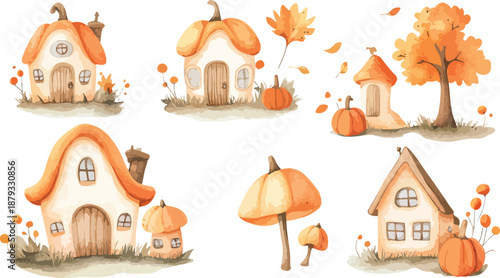 Vector illustration of a cartoon house and village cottage set featuring residential architecture, home icons, and farm animals in a summer nature landscape with green grass, trees, and a sun