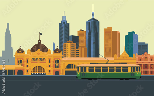 Cityscape illustration of a vibrant urban landscape with a tram passing by historic buildings and modern skyscrapers in the background
