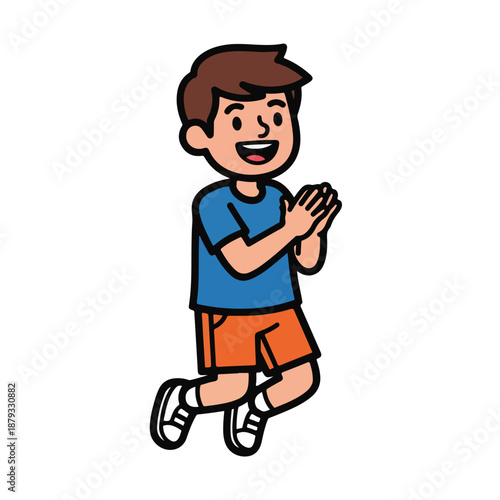Caucasian boy running with hands together in excitement