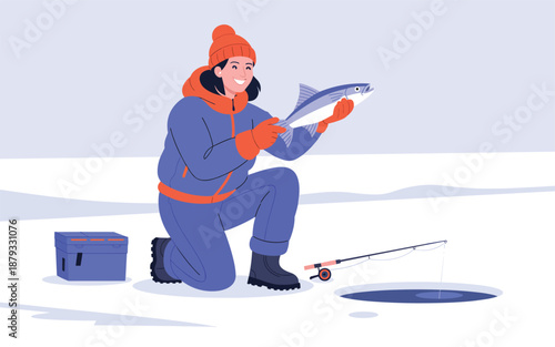 Man kneeling on frozen lake examining a caught fish during winter ice fishing session in a serene cold environment