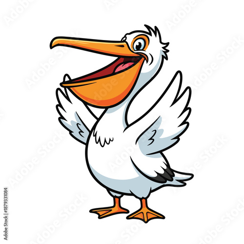 Cartoon Pelican Bird Character With Open Beak On White Background