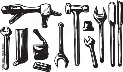 Isolated vector illustration of a professional tool set featuring a hammer, screwdriver, wrench, and pliers for construction, repair, and carpentry work on a white background