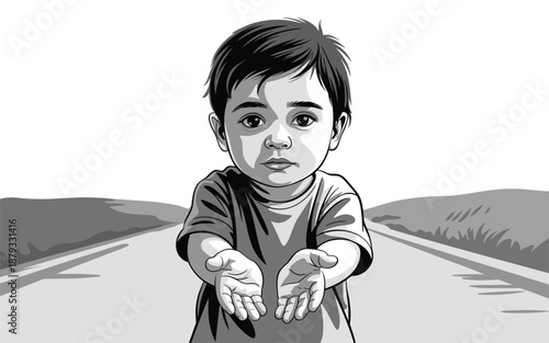 A young boy stands alone on a desolate road, stretching out his hands in a gesture of appeal or need, against a stark landscape background, viewed from the front.