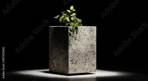 Greenery sprouts from a textured concrete cube under a dramatic spotlight