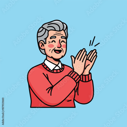 Senior man clapping with excitement and approval in red sweater