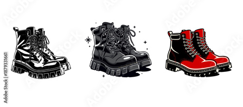 Three pairs of stylish combat boots in different colors and textures.