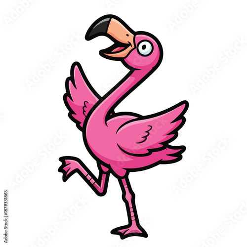 Pink cartoon flamingo standing on one leg with wings spread