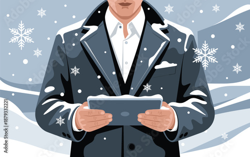 Man in winter coat holding a tablet amidst snowfall in a serene winter landscape from a frontal viewpoint