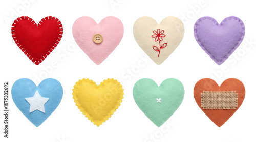 Colorful Felt Heart Collection with Button Flower Star and Patch Details in Hand-stitched Craft Style