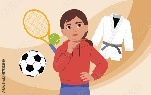 Young athlete contemplates various sports equipment surrounding her in a thoughtful pose