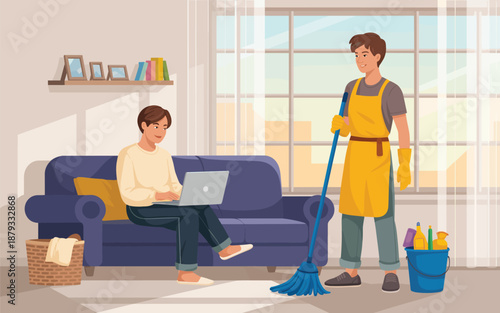 Man working on laptop while cleaner mops floor in modern living room with couch and large window