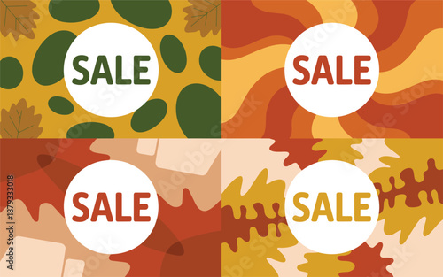 Four sale banners with abstract designs and patterns in various colors and shapes displayed together