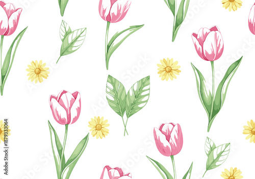 Watercolor style pink tulips yellow flowers and leaves seamless spring floral pattern perfect for fabric wallpaper and stationery