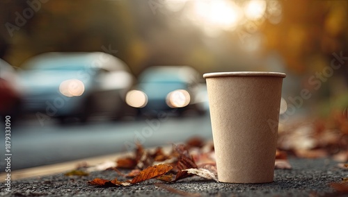 A disposable cup rests on a pavement surrounded by fallen autumn leaves