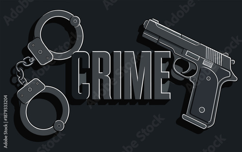 Crime scene illustration featuring handcuffs and gun on dark background from a straightforward viewpoint