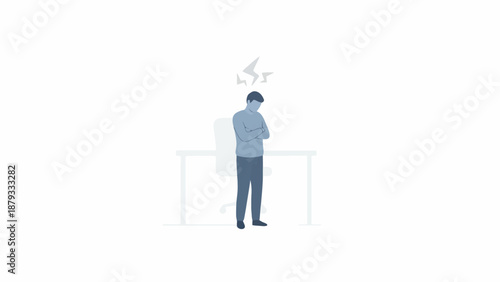 A person standing with arms crossed, looking down, showing signs of stress and frustration in an office environment.