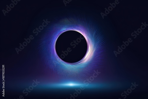 Dark circular void with radiating light energy against deep blue background