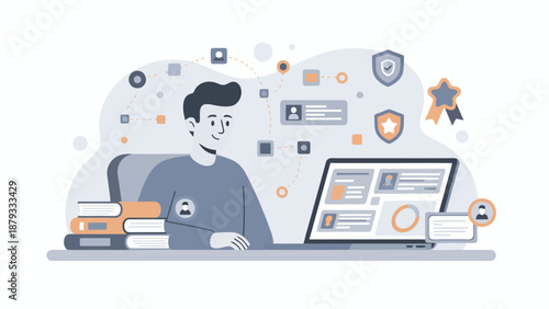 Man working on a laptop, surrounded by digital icons representing data, profiles, and online achievements.