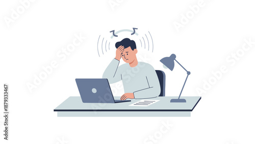 A man experiencing stress or headache while working on a laptop at his desk.