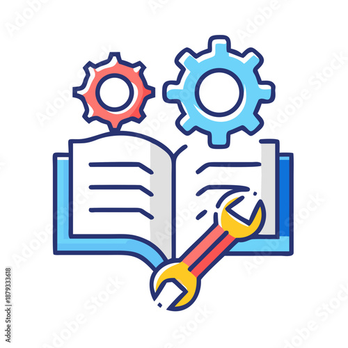 Vocational Training Book Open with Gears and Wrench for Skill Development