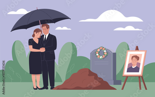 Couple mourning at grave site with memorial portrait under umbrella on a rainy day
