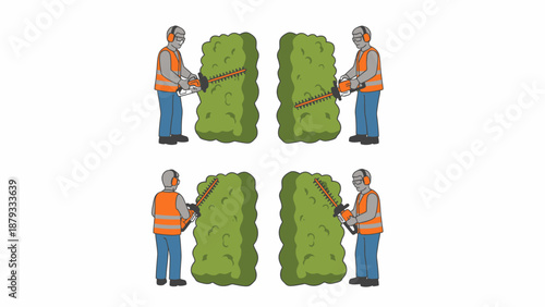 Four illustrations of a person in safety gear trimming a green hedge with a hedge trimmer.