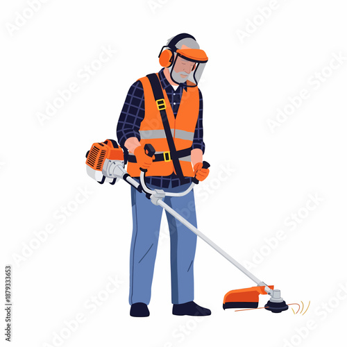 Man in safety gear operating a gas-powered string trimmer to cut grass and weeds.