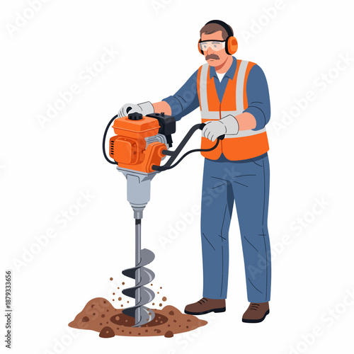 Construction worker operating heavy machinery drilling into the ground